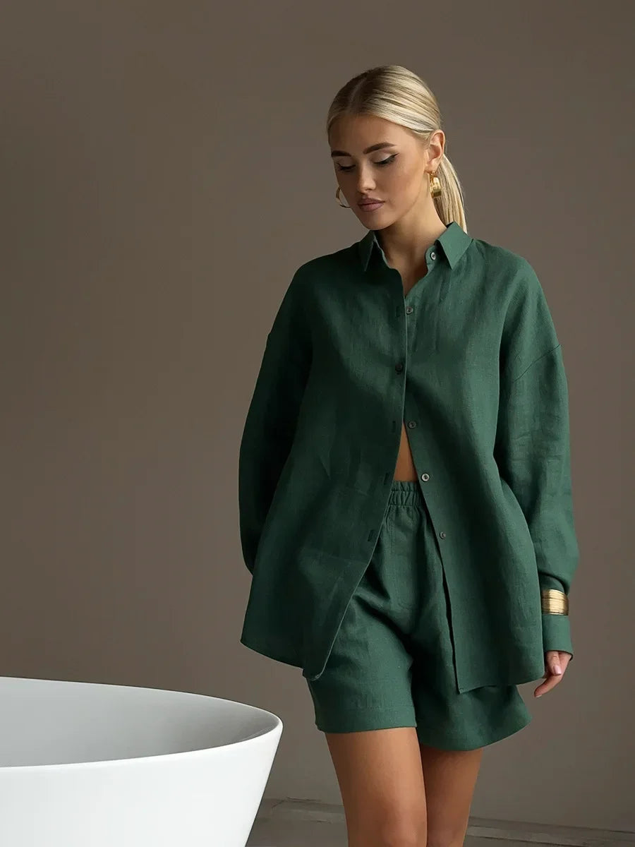 Bornladies Women's Cotton Casual Shorts Set Solid Color Lapel Long Sleeve Shirt Elastic Waist Shorts Outfit Daily Vacation Wear
