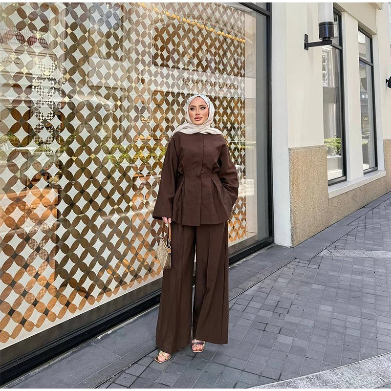 Elegant Women's Pant Suits Set Loose Fit Long Sleeve Top Matching High Waist Wide Leg Baggy Trousers Chic Female Formal Outfits