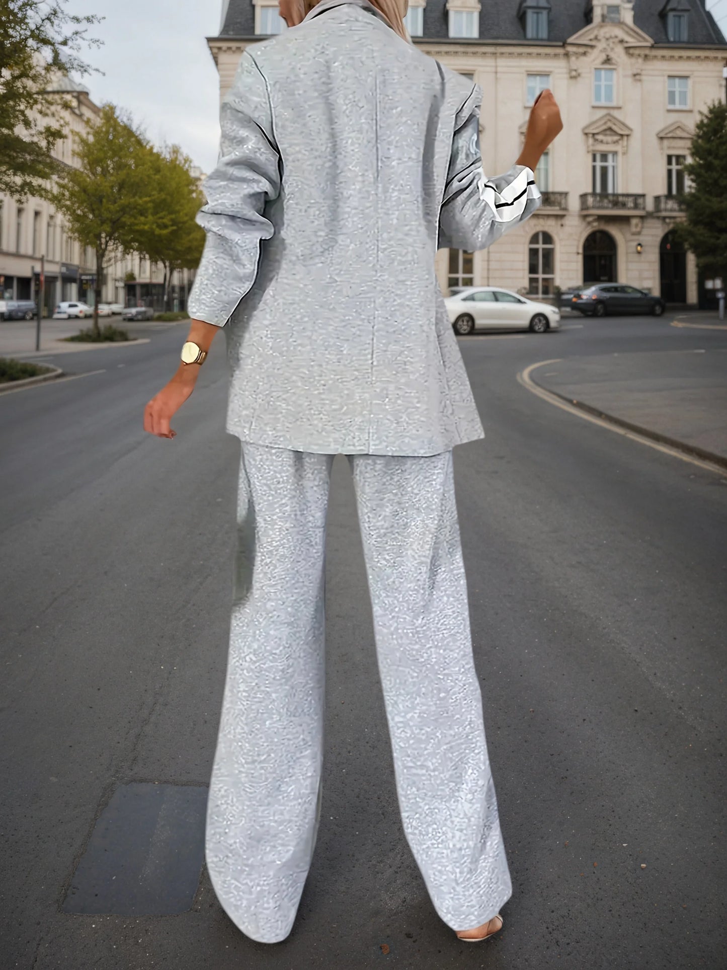 2025 New Elegant Women's Knitted Coat and Pants Set - Long Sleeve, Collar, with Side Stripe Details, Spring and Autumn Season