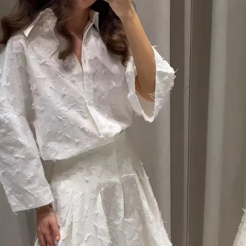Elegant Shirt Skirt Set Women Lapel Long Sleeve Loose T-shirt High Waist Pleated Long Skirts Suits 2025 Autumn Street Lady Sets