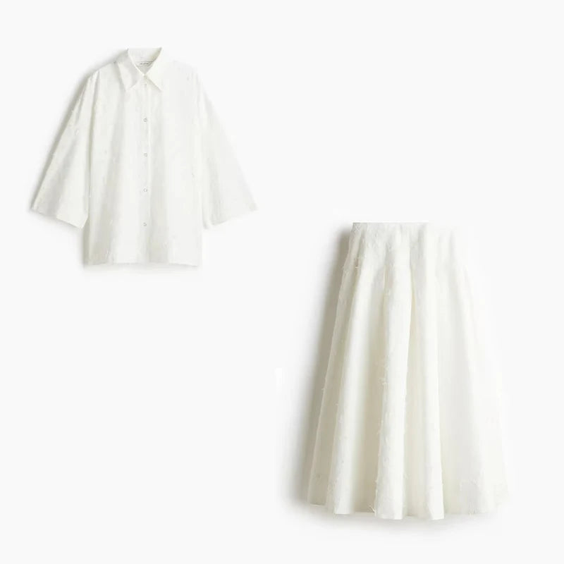 Elegant Shirt Skirt Set Women Lapel Long Sleeve Loose T-shirt High Waist Pleated Long Skirts Suits 2025 Autumn Street Lady Sets