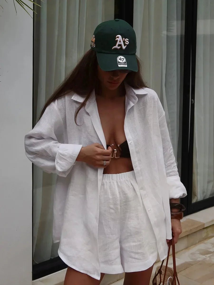 Bornladies Women's Cotton Casual Shorts Set Solid Color Lapel Long Sleeve Shirt Elastic Waist Shorts Outfit Daily Vacation Wear