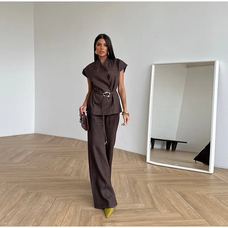 V-neck Double Breasted Women Top Set High Waist Wide Leg Female Pants Sets 2025 Fashion Casual Summer Chic Solid Lady Shirt Suit