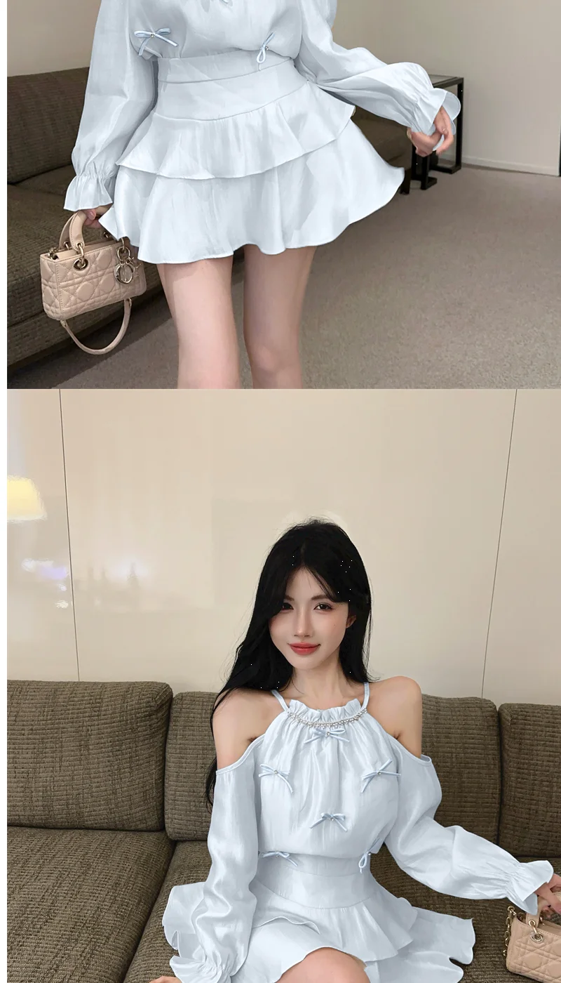 Gagarich Casual Fashion Diamond Studded Bow Trumpet Sleeve Hanging Neck Shoulder Leakage Top Women Wear Cake Skirt Set