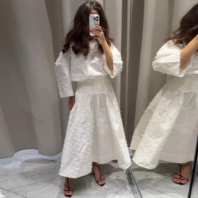 Elegant Shirt Skirt Set Women Lapel Long Sleeve Loose T-shirt High Waist Pleated Long Skirts Suits 2025 Autumn Street Lady Sets