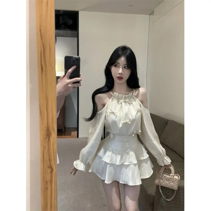 Gagarich Casual Fashion Diamond Studded Bow Trumpet Sleeve Hanging Neck Shoulder Leakage Top Women Wear Cake Skirt Set