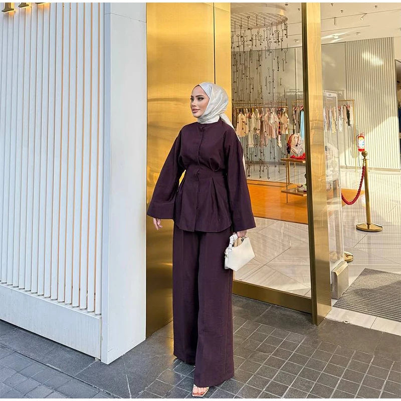 Elegant Women's Pant Suits Set Loose Fit Long Sleeve Top Matching High Waist Wide Leg Baggy Trousers Chic Female Formal Outfits