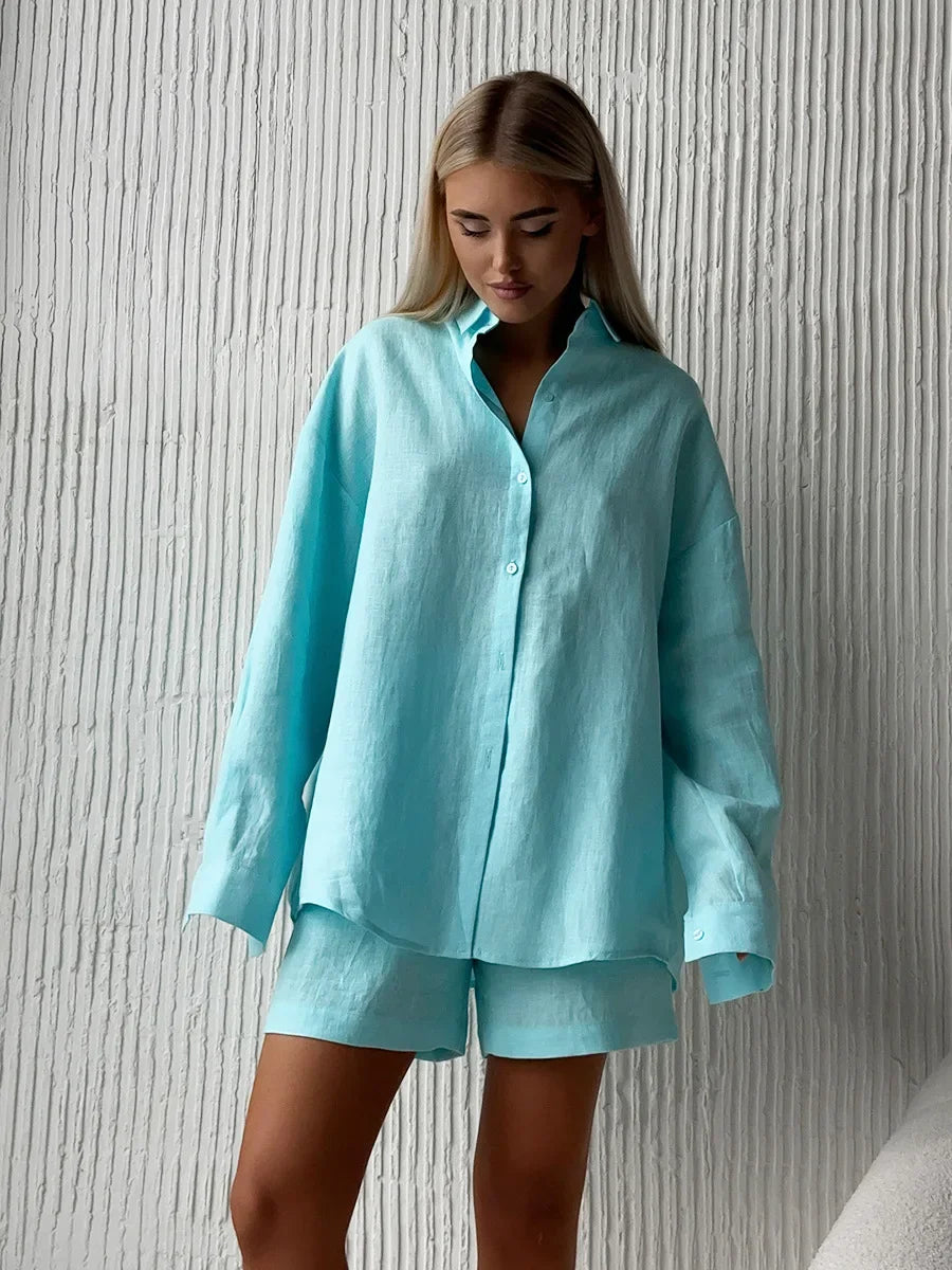 Bornladies Women's Cotton Casual Shorts Set Solid Color Lapel Long Sleeve Shirt Elastic Waist Shorts Outfit Daily Vacation Wear