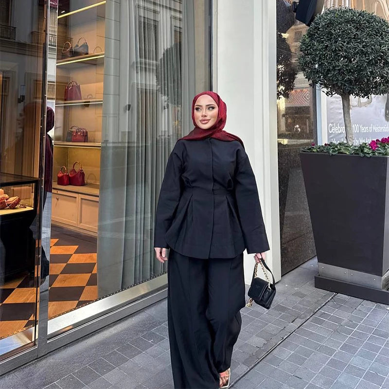 Elegant Women's Pant Suits Set Loose Fit Long Sleeve Top Matching High Waist Wide Leg Baggy Trousers Chic Female Formal Outfits
