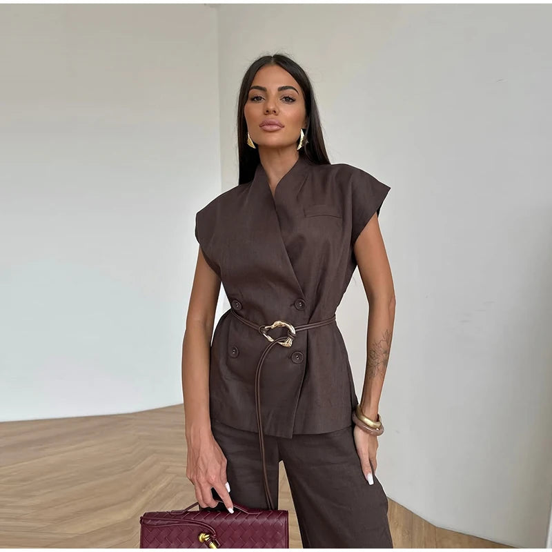 V-neck Double Breasted Women Top Set High Waist Wide Leg Female Pants Sets 2025 Fashion Casual Summer Chic Solid Lady Shirt Suit
