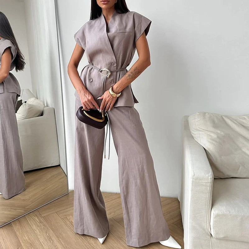V-neck Double Breasted Women Top Set High Waist Wide Leg Female Pants Sets 2025 Fashion Casual Summer Chic Solid Lady Shirt Suit