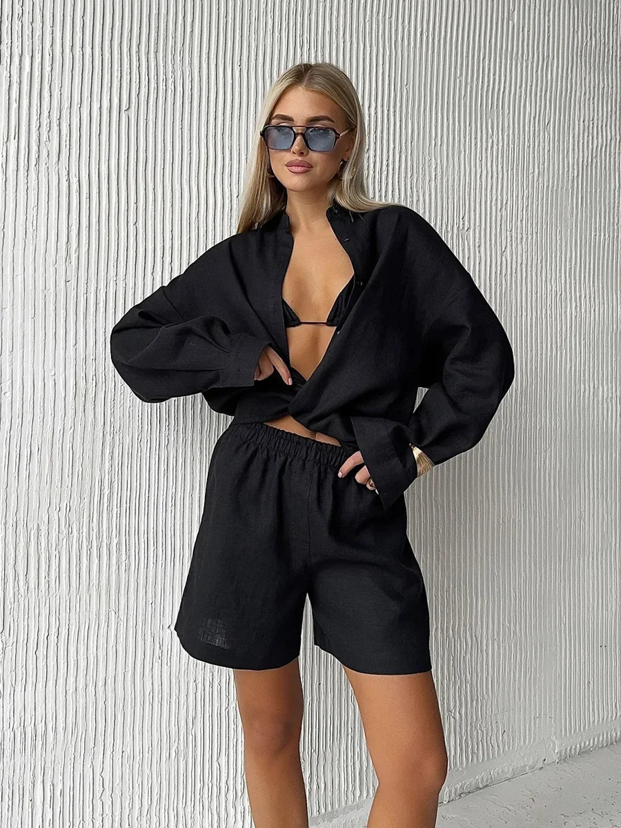 Bornladies Women's Cotton Casual Shorts Set Solid Color Lapel Long Sleeve Shirt Elastic Waist Shorts Outfit Daily Vacation Wear