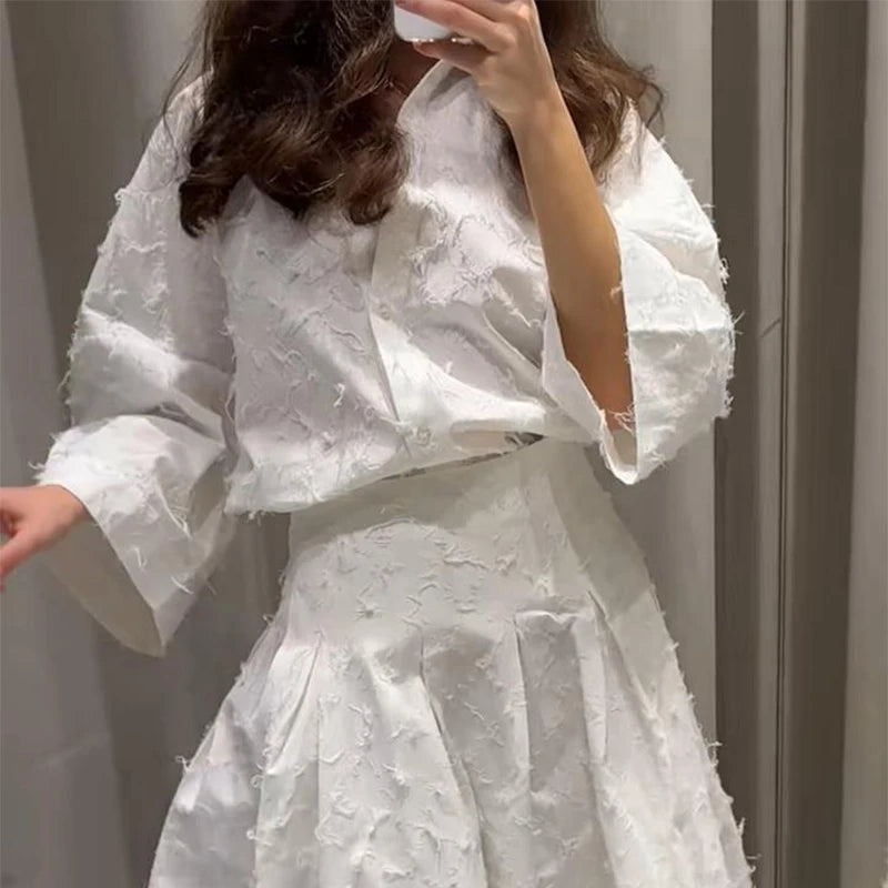 Elegant Shirt Skirt Set Women Lapel Long Sleeve Loose T-shirt High Waist Pleated Long Skirts Suits 2025 Autumn Street Lady Sets