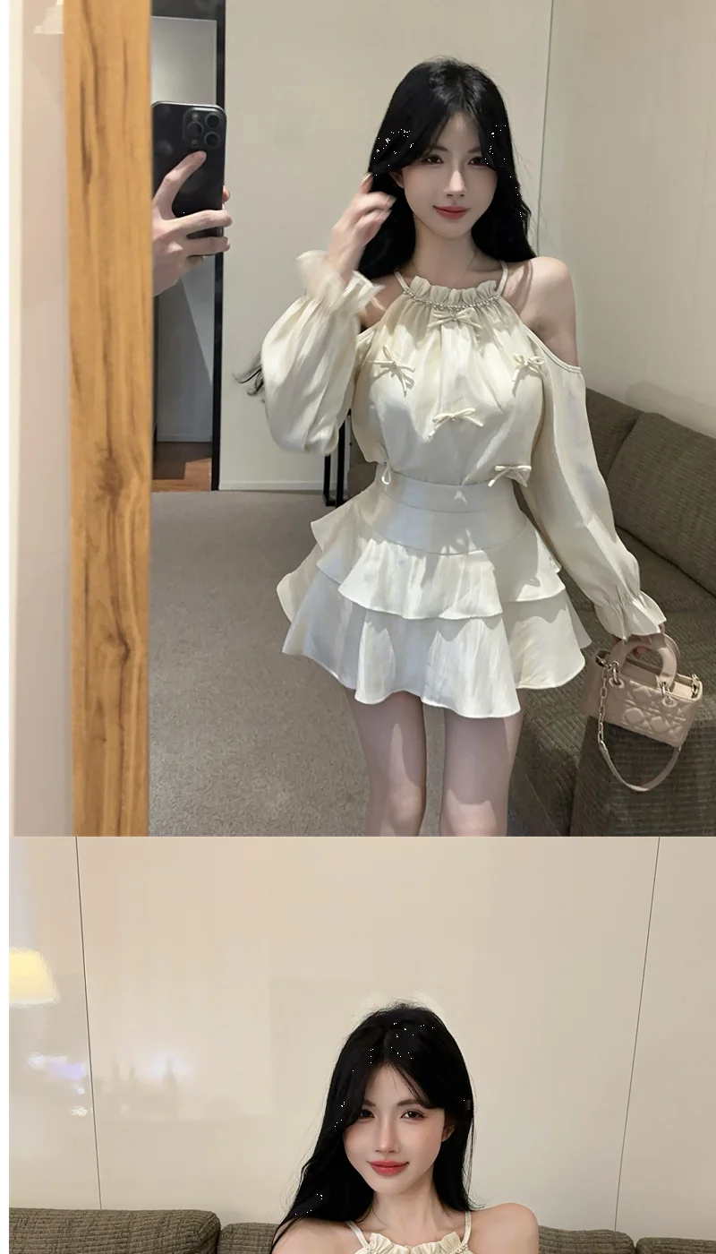 Gagarich Casual Fashion Diamond Studded Bow Trumpet Sleeve Hanging Neck Shoulder Leakage Top Women Wear Cake Skirt Set