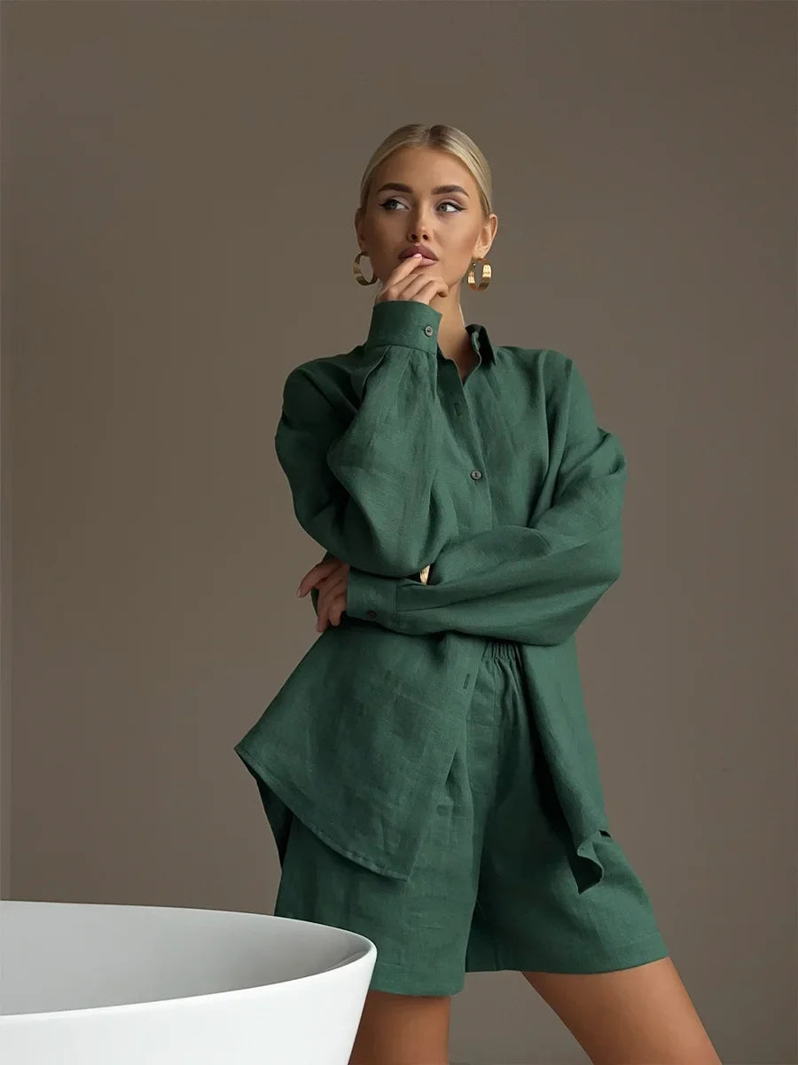 Bornladies Women's Cotton Casual Shorts Set Solid Color Lapel Long Sleeve Shirt Elastic Waist Shorts Outfit Daily Vacation Wear