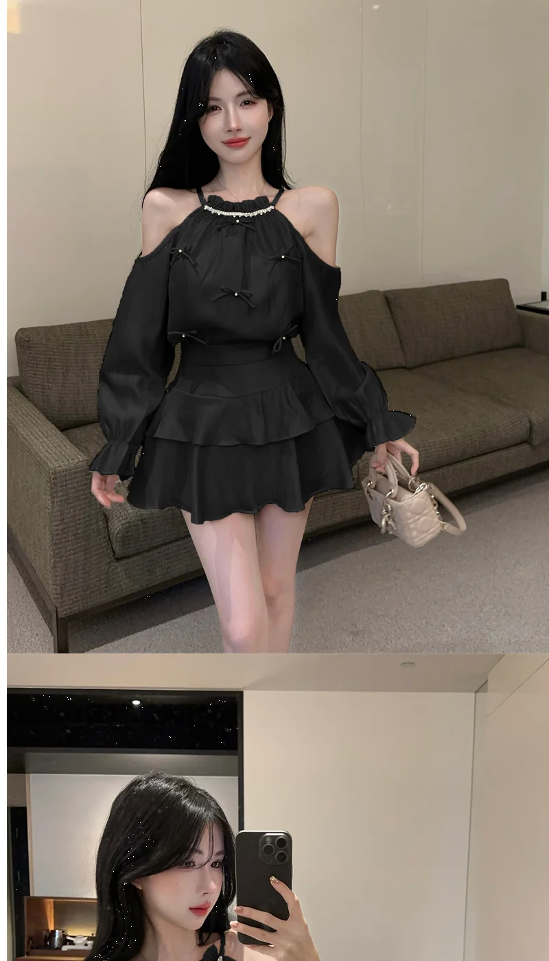 Gagarich Casual Fashion Diamond Studded Bow Trumpet Sleeve Hanging Neck Shoulder Leakage Top Women Wear Cake Skirt Set