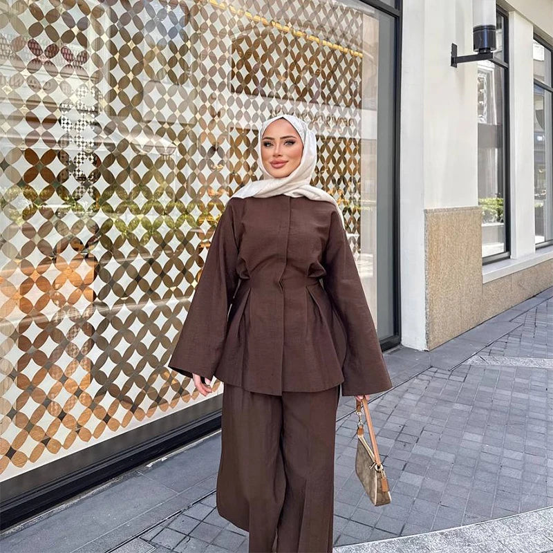Elegant Women's Pant Suits Set Loose Fit Long Sleeve Top Matching High Waist Wide Leg Baggy Trousers Chic Female Formal Outfits