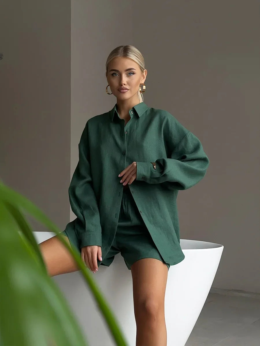 Bornladies Women's Cotton Casual Shorts Set Solid Color Lapel Long Sleeve Shirt Elastic Waist Shorts Outfit Daily Vacation Wear