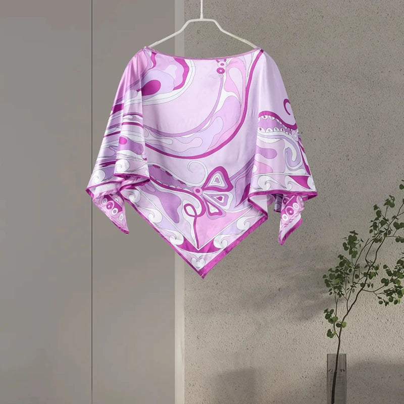 Geometric Print Cape Women's Set Loose Batwing Sleeve Top Flowy Maxi Skirt 2025 Summer Elegant Suit Holiday Fashion Lady Sets
