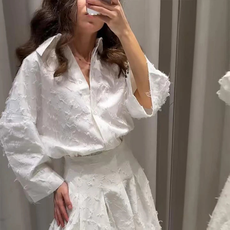 Elegant Shirt Skirt Set Women Lapel Long Sleeve Loose T-shirt High Waist Pleated Long Skirts Suits 2025 Autumn Street Lady Sets