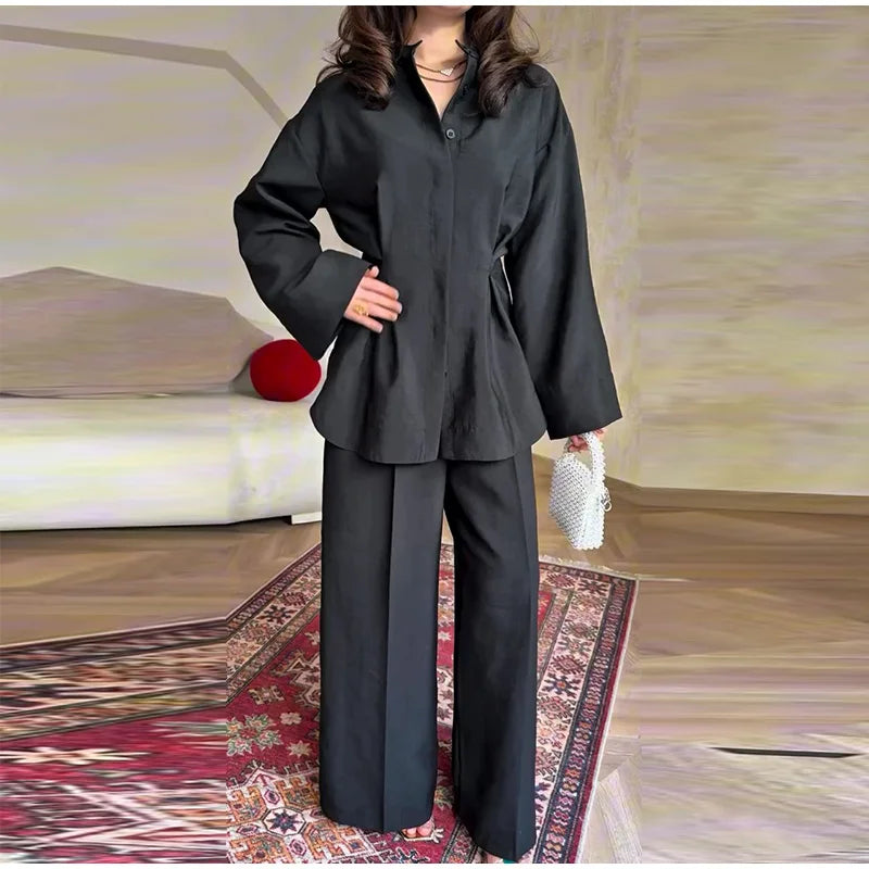 Elegant Women's Pant Suits Set Loose Fit Long Sleeve Top Matching High Waist Wide Leg Baggy Trousers Chic Female Formal Outfits