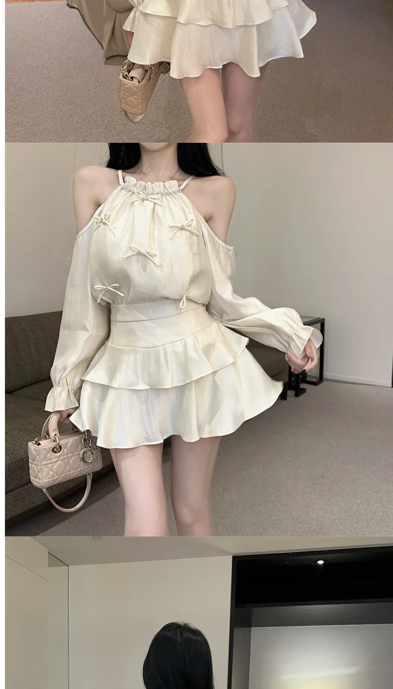 Gagarich Casual Fashion Diamond Studded Bow Trumpet Sleeve Hanging Neck Shoulder Leakage Top Women Wear Cake Skirt Set