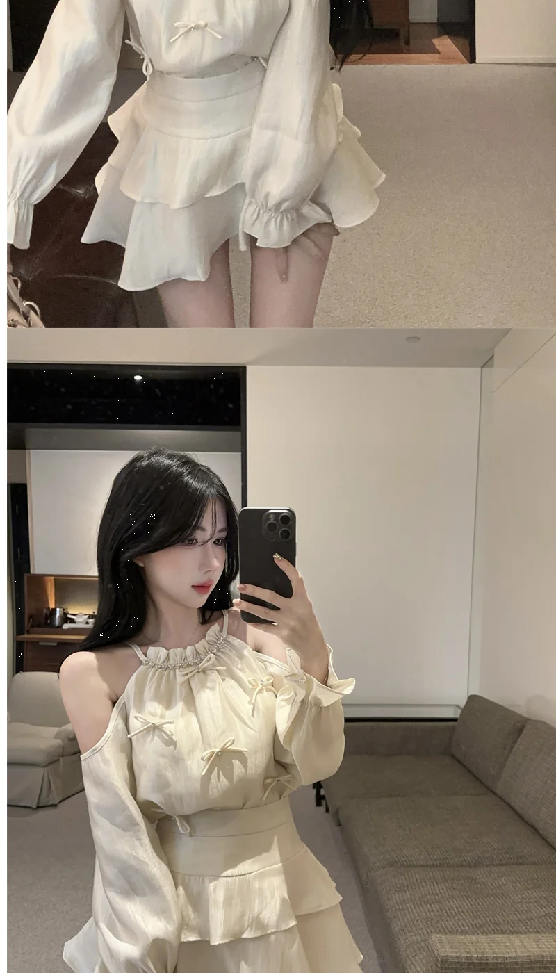 Gagarich Casual Fashion Diamond Studded Bow Trumpet Sleeve Hanging Neck Shoulder Leakage Top Women Wear Cake Skirt Set