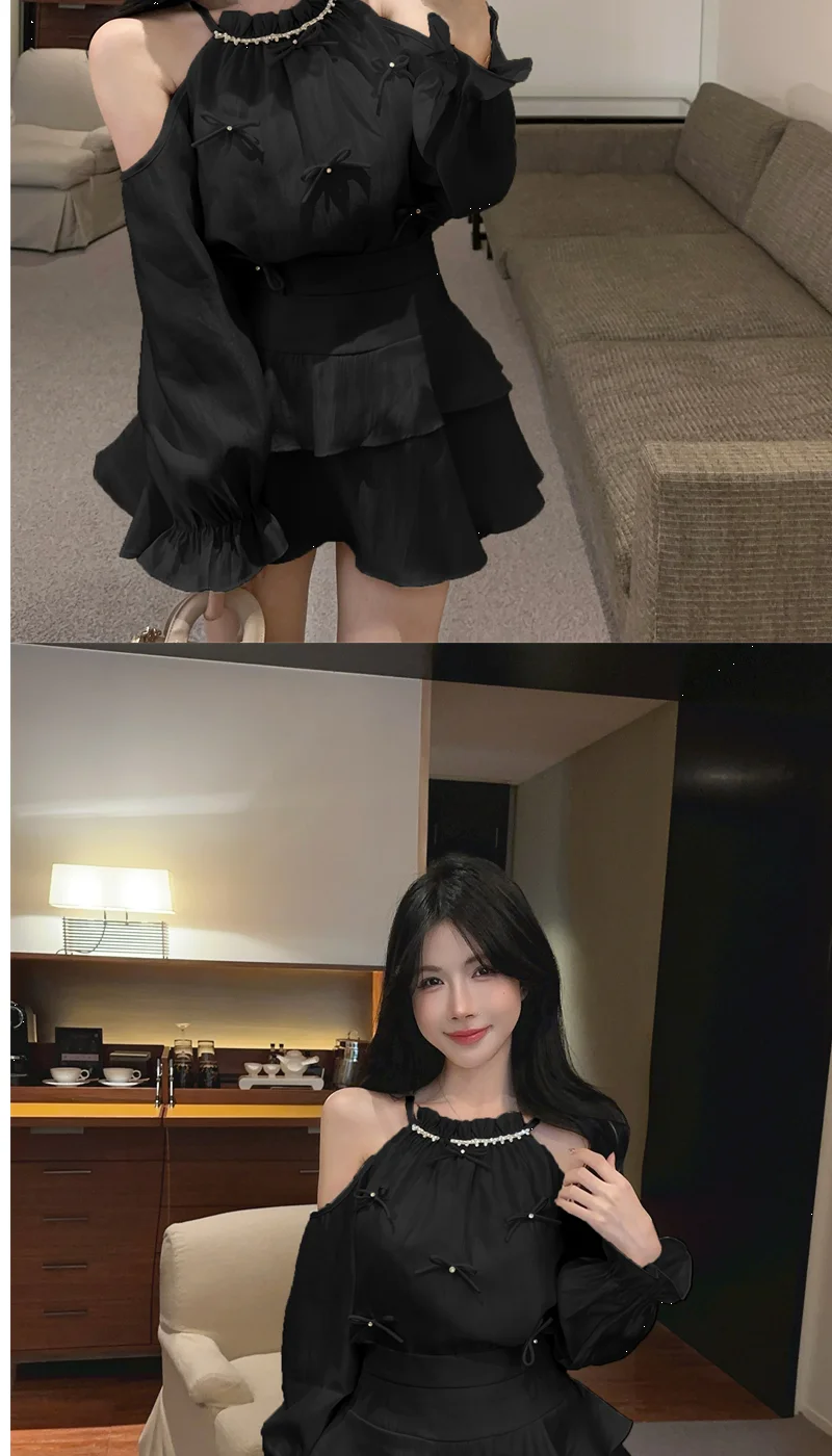 Gagarich Casual Fashion Diamond Studded Bow Trumpet Sleeve Hanging Neck Shoulder Leakage Top Women Wear Cake Skirt Set