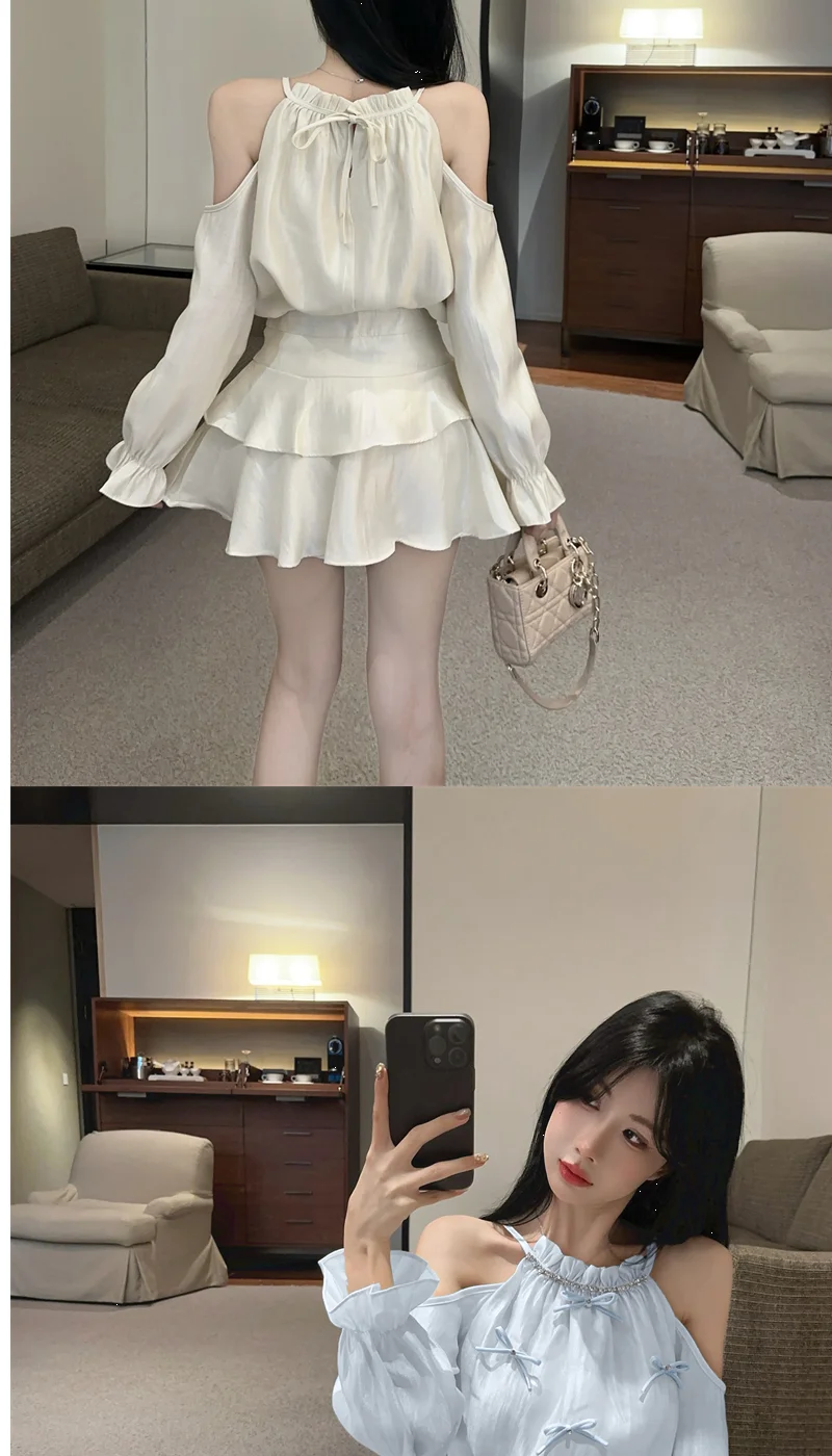 Gagarich Casual Fashion Diamond Studded Bow Trumpet Sleeve Hanging Neck Shoulder Leakage Top Women Wear Cake Skirt Set