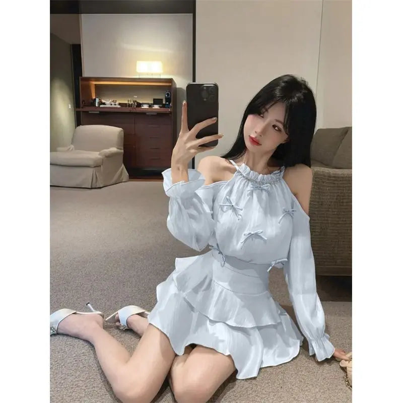 Gagarich Casual Fashion Diamond Studded Bow Trumpet Sleeve Hanging Neck Shoulder Leakage Top Women Wear Cake Skirt Set