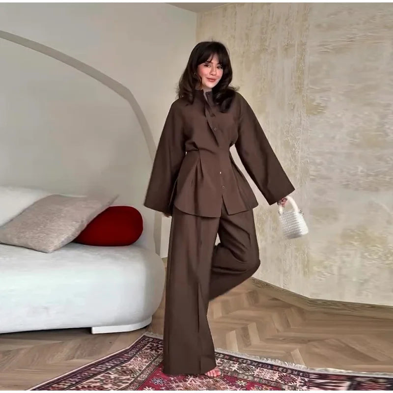 Elegant Women's Pant Suits Set Loose Fit Long Sleeve Top Matching High Waist Wide Leg Baggy Trousers Chic Female Formal Outfits