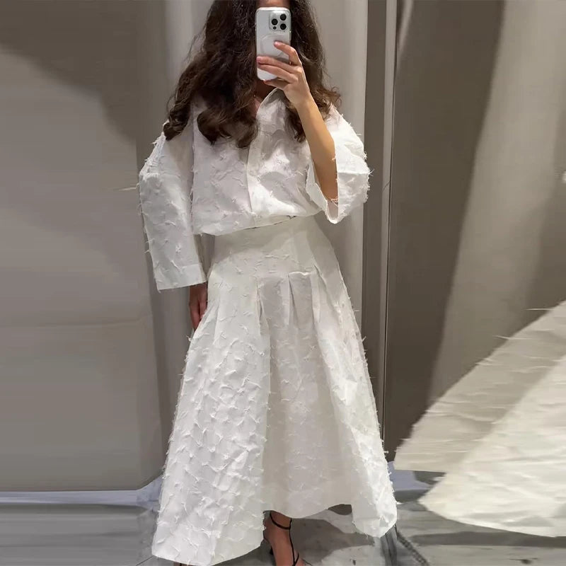 Elegant Shirt Skirt Set Women Lapel Long Sleeve Loose T-shirt High Waist Pleated Long Skirts Suits 2025 Autumn Street Lady Sets