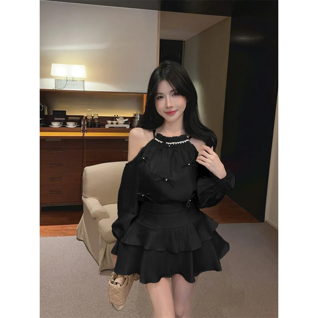 Gagarich Casual Fashion Diamond Studded Bow Trumpet Sleeve Hanging Neck Shoulder Leakage Top Women Wear Cake Skirt Set