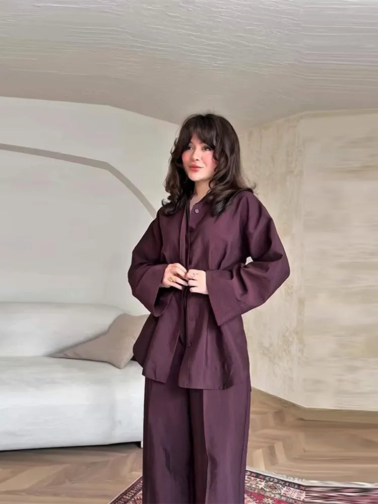 Elegant Women's Pant Suits Set Loose Fit Long Sleeve Top Matching High Waist Wide Leg Baggy Trousers Chic Female Formal Outfits