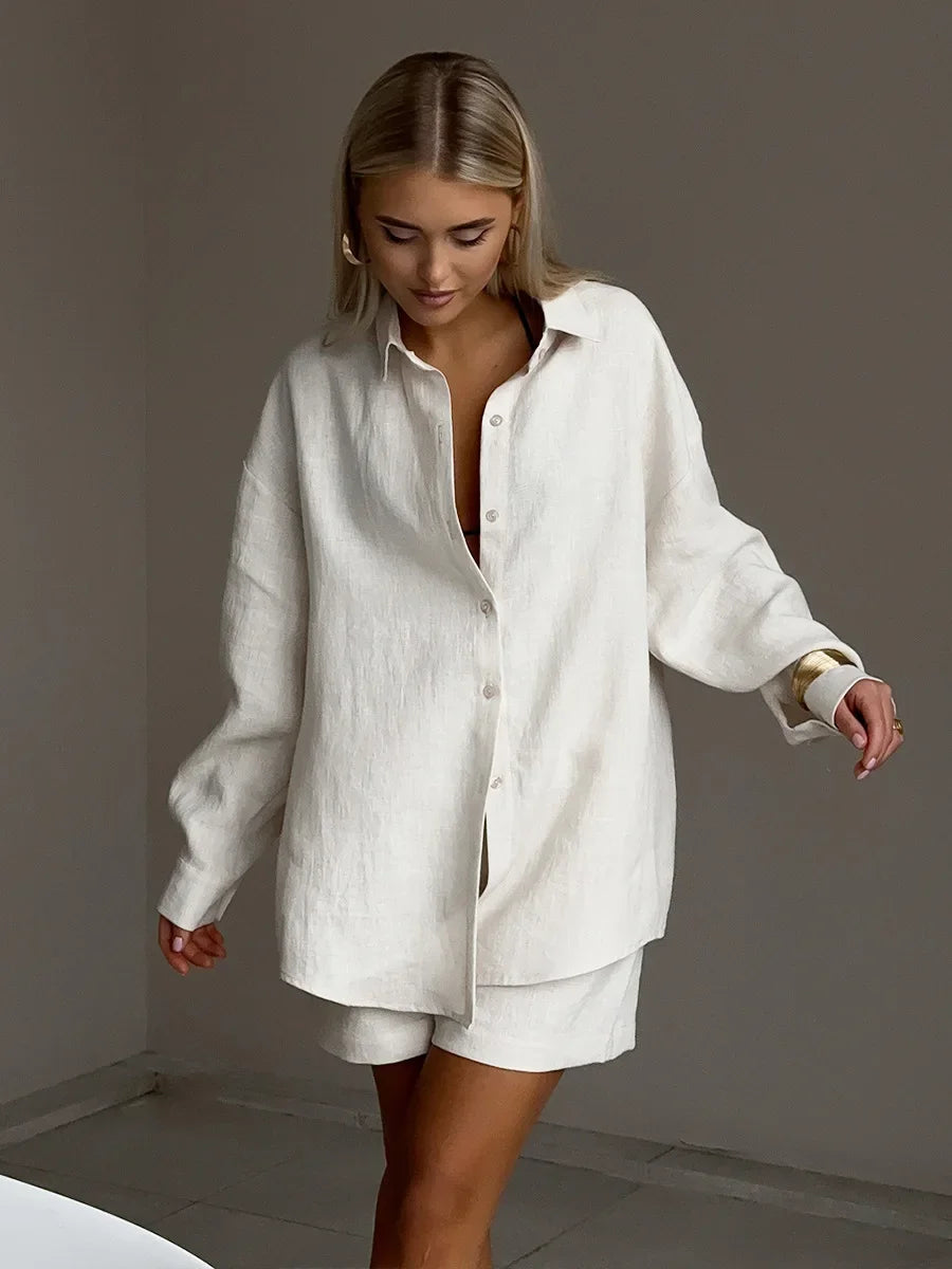 Bornladies Women's Cotton Casual Shorts Set Solid Color Lapel Long Sleeve Shirt Elastic Waist Shorts Outfit Daily Vacation Wear