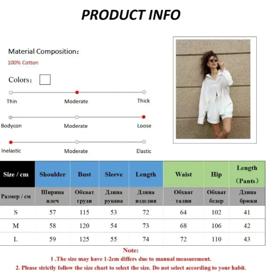 Bornladies Women's Cotton Casual Shorts Set Solid Color Lapel Long Sleeve Shirt Elastic Waist Shorts Outfit Daily Vacation Wear