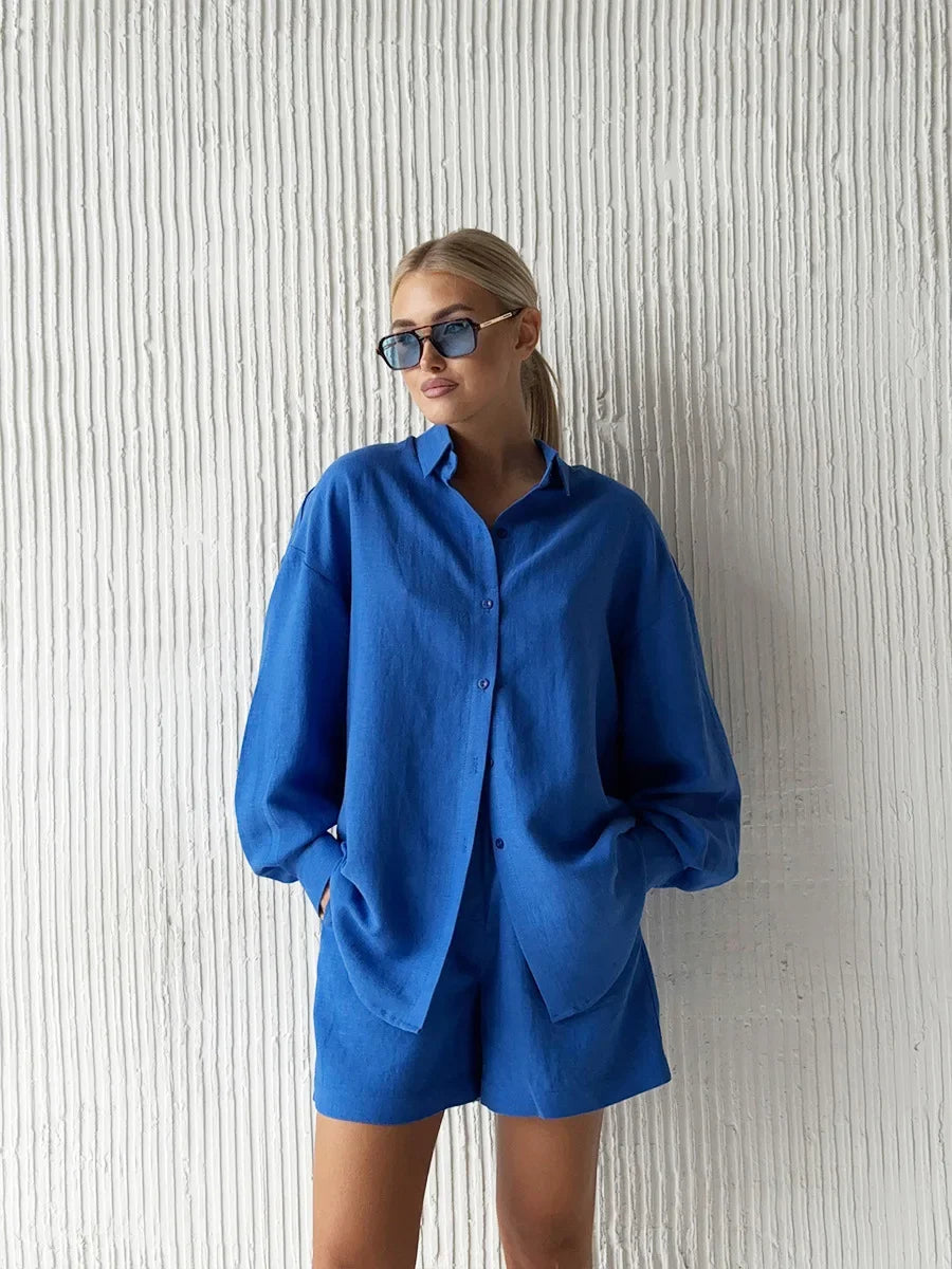Bornladies Women's Cotton Casual Shorts Set Solid Color Lapel Long Sleeve Shirt Elastic Waist Shorts Outfit Daily Vacation Wear