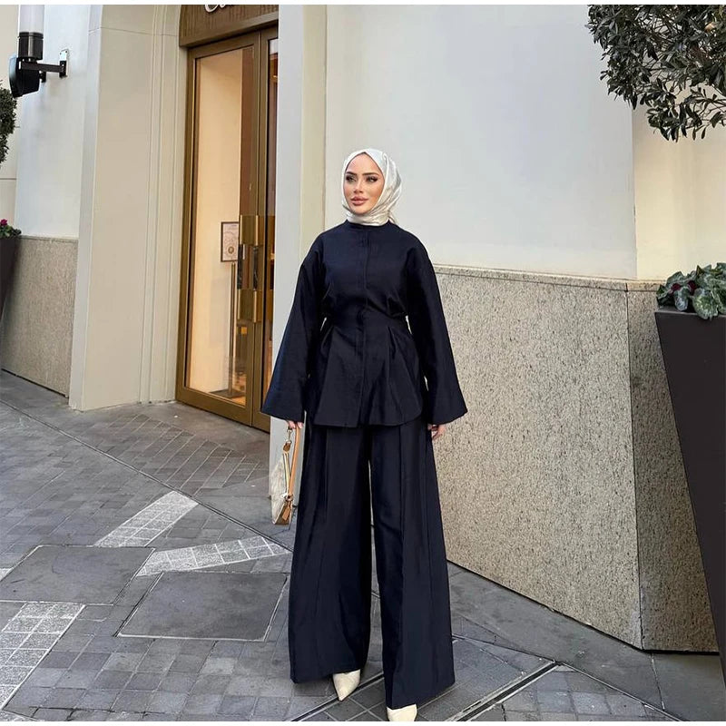 Elegant Women's Pant Suits Set Loose Fit Long Sleeve Top Matching High Waist Wide Leg Baggy Trousers Chic Female Formal Outfits