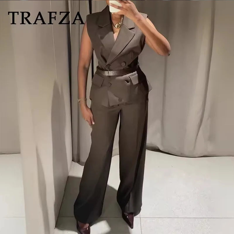 2025 New Women Pants Fashiontwo-piece set Women Sexy V-Neck With Belt Top+ wide-leg Pants 2 Pieces Sets Elegant Women Suit