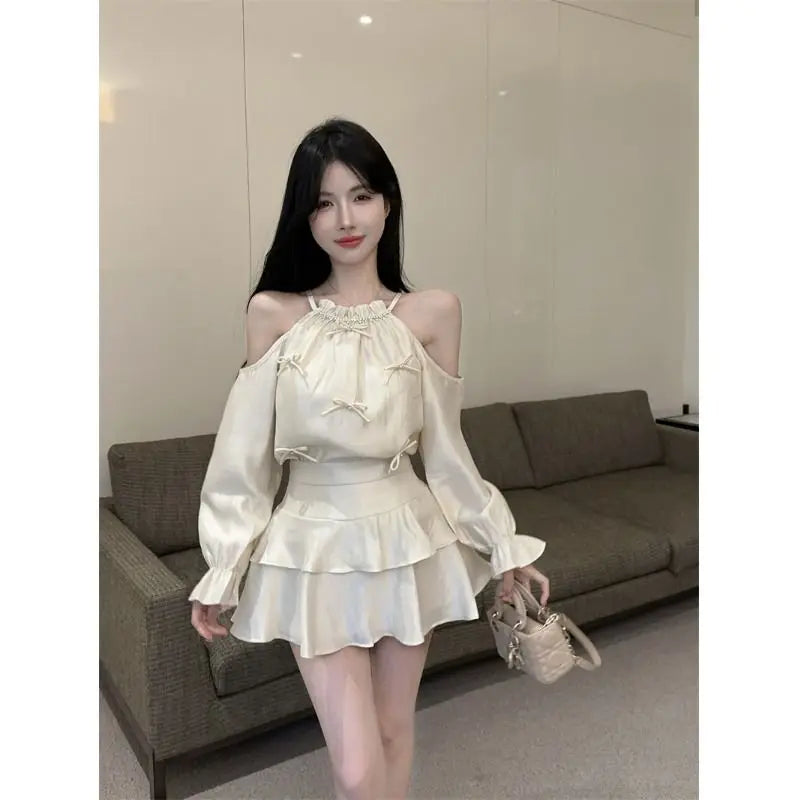 Gagarich Casual Fashion Diamond Studded Bow Trumpet Sleeve Hanging Neck Shoulder Leakage Top Women Wear Cake Skirt Set