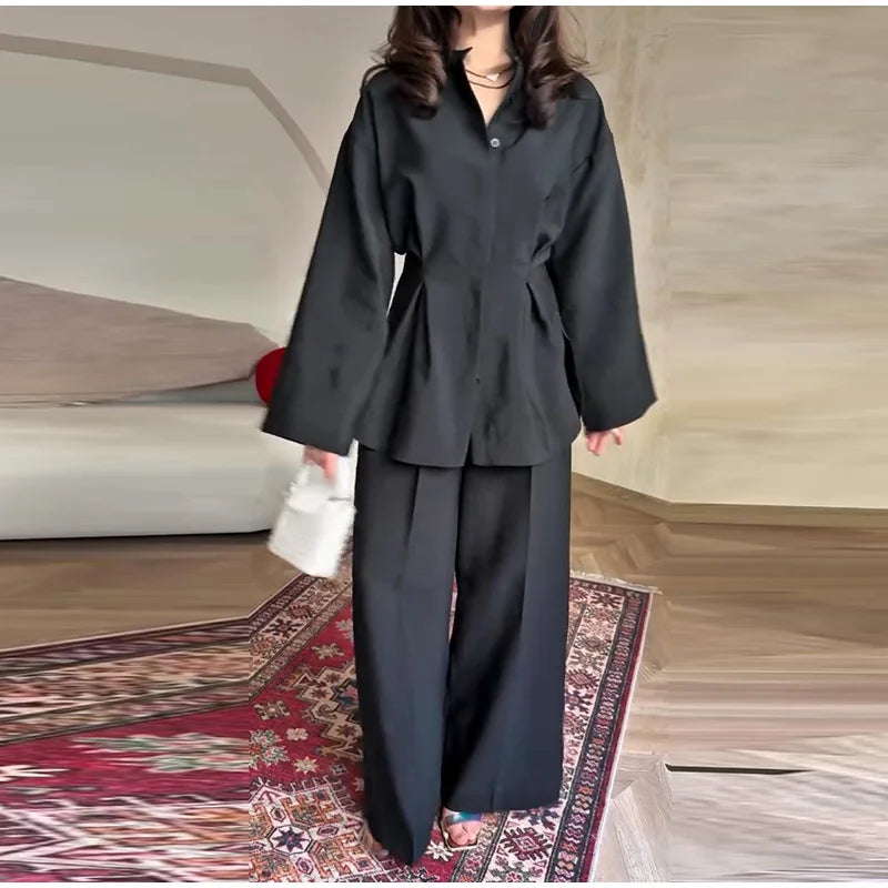 Elegant Women's Pant Suits Set Loose Fit Long Sleeve Top Matching High Waist Wide Leg Baggy Trousers Chic Female Formal Outfits