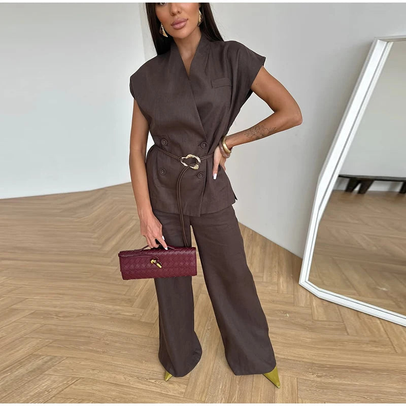 V-neck Double Breasted Women Top Set High Waist Wide Leg Female Pants Sets 2025 Fashion Casual Summer Chic Solid Lady Shirt Suit