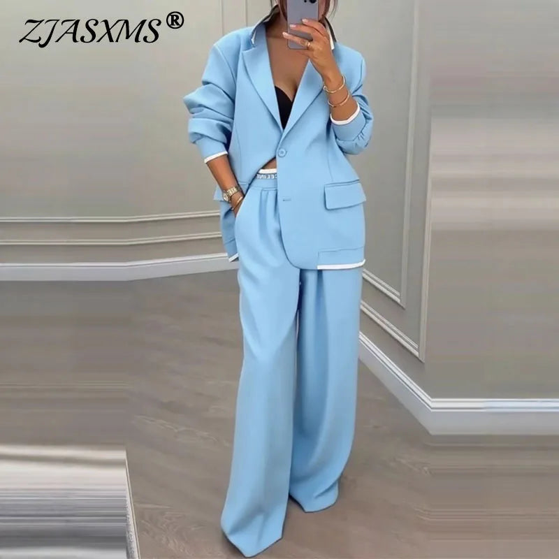 Autumn Casual Women's Suit Set Sexy Turn-down Collar Button Blazer & Straight-leg Pants Set Winter Solid Long Sleeve Chic Outfit