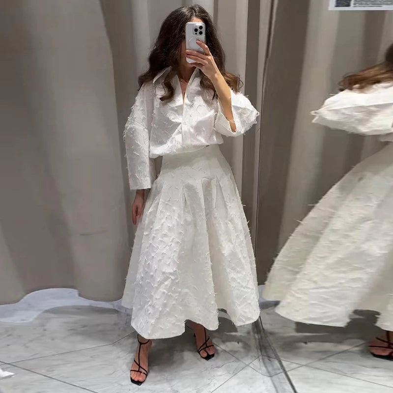 Elegant Shirt Skirt Set Women Lapel Long Sleeve Loose T-shirt High Waist Pleated Long Skirts Suits 2025 Autumn Street Lady Sets