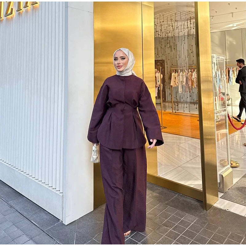 Elegant Women's Pant Suits Set Loose Fit Long Sleeve Top Matching High Waist Wide Leg Baggy Trousers Chic Female Formal Outfits