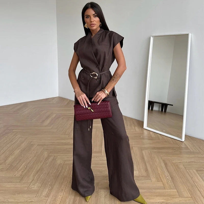 V-neck Double Breasted Women Top Set High Waist Wide Leg Female Pants Sets 2025 Fashion Casual Summer Chic Solid Lady Shirt Suit