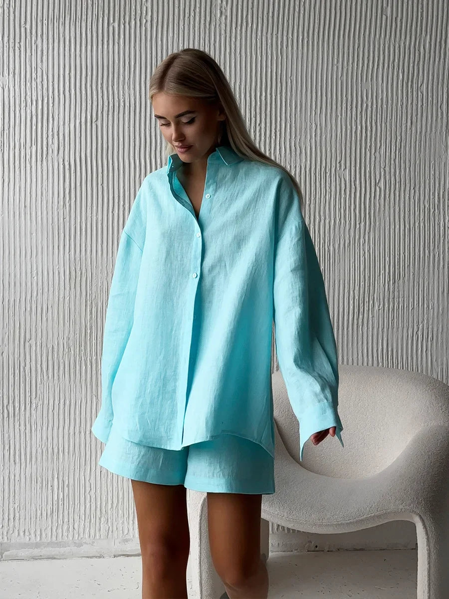 Bornladies Women's Cotton Casual Shorts Set Solid Color Lapel Long Sleeve Shirt Elastic Waist Shorts Outfit Daily Vacation Wear