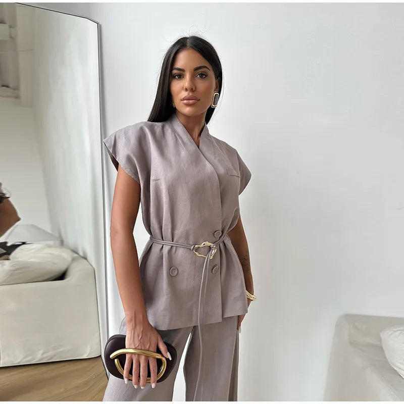 V-neck Double Breasted Women Top Set High Waist Wide Leg Female Pants Sets 2025 Fashion Casual Summer Chic Solid Lady Shirt Suit