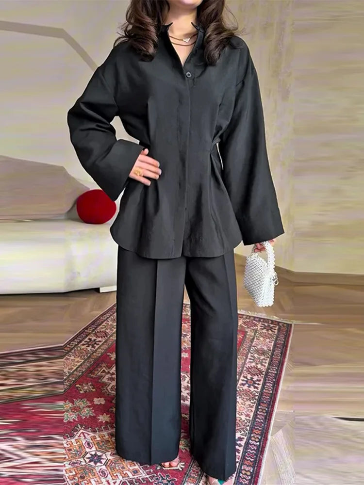 Elegant Women's Pant Suits Set Loose Fit Long Sleeve Top Matching High Waist Wide Leg Baggy Trousers Chic Female Formal Outfits