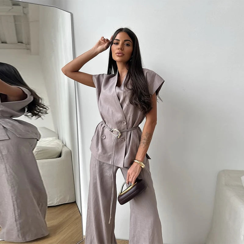 V-neck Double Breasted Women Top Set High Waist Wide Leg Female Pants Sets 2025 Fashion Casual Summer Chic Solid Lady Shirt Suit